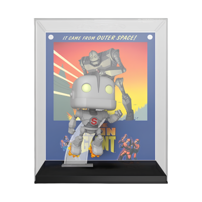 Figura Funko Pop do Iron Giant em caixa transparente com fundo colorido