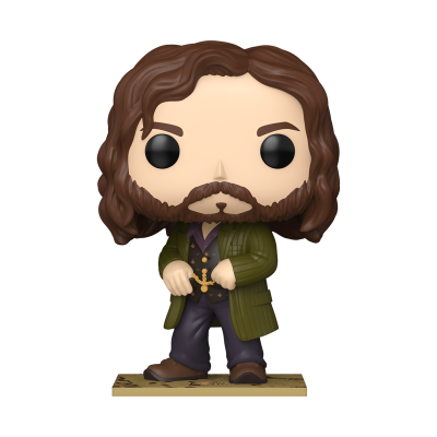 Figura de vinil colecionável com cabelo castanho, casaco verde, segurando cruz