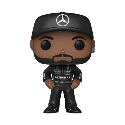 Figura Funko Pop de piloto de Fórmula 1 com roupa preta e boné da Mercedes