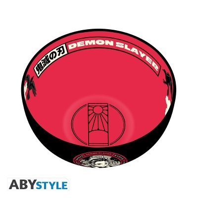 Taça cerâmica vermelha e preta com decoração Demon Slayer.