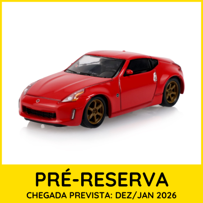 Miniatura de carro desportivo vermelho com moldura amarela e texto de pré-reserva
