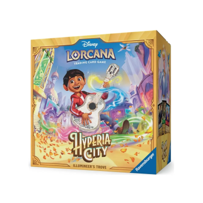 Caixa do jogo de cartas Disney Lorcana Hyperia City com personagem a tocar guitarra.