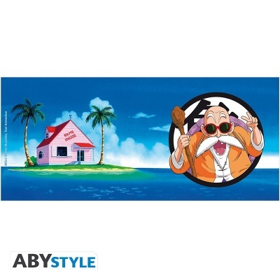 Ilha com casa rosa Kame House e personagem animado com óculos e bigode