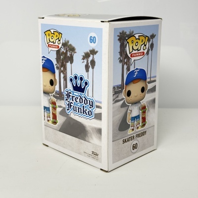 Caixa Funko Pop Skater Freddy com palmeiras e texto Fredddy Funko