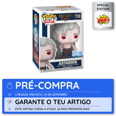 Funko Pop! Astarion Baldurs Gate 1190 em embalagem com texto e selo especial, anúncio de pré-compra em português.