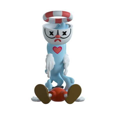 Figura decorativa azul com coração e cabeça branca triste em fundo branco