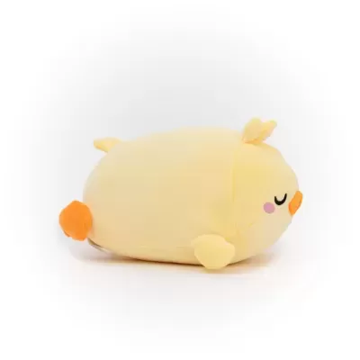 Almofada peluche amarelo em forma de pintainho com olhos fechados
