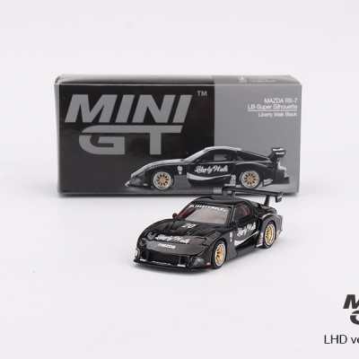 Miniatura de carro Mazda RX-7 Liberty Walk preta com caixa mini gt