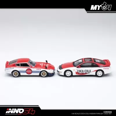 Modelos de carros Nissan Fairlady Z decorados com tema Coca-Cola em vermelho e branco