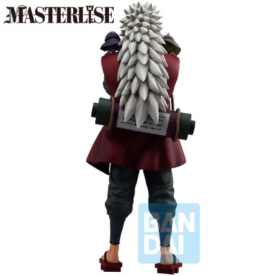 Figura colecionável de personagem com cabelo branco espetado e casaco vermelho, vista de costas
