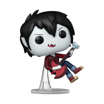 Figura colecionável Funko Pop de personagem com guitarra vermelha num suporte transparente