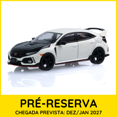 Miniatura de carro Honda Civic Type R branco com capô preto sobre fundo branco e texto amarelo