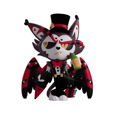 Figura vinil morcego com cartola e gravata borboleta, segurando garrafa, asas vermelhas e pretas