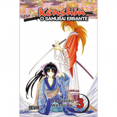 Capa do livro Kenshin O Samurai Errante, volume 3, com duas personagens em kimono e fundo branco
