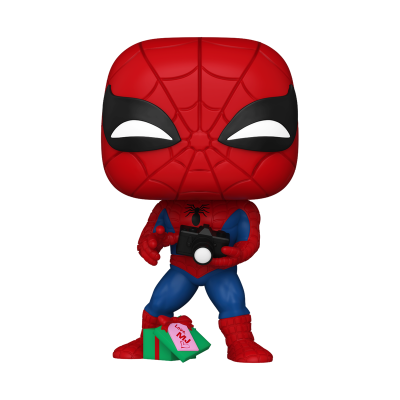 Figura vinil do Homem-Aranha segurando uma câmara e um saco de compras