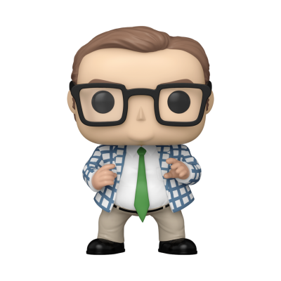 Boneco Funko Pop com camisa azul xadrez, gravata verde e calças bege