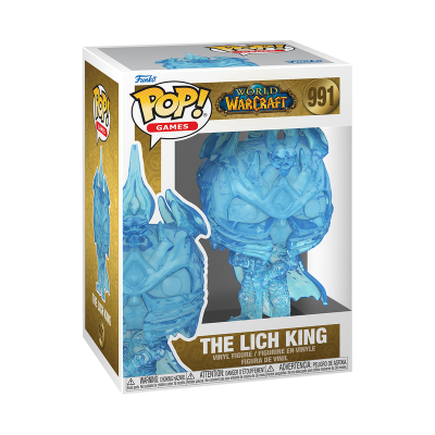Boneco Funko Pop! The Lich King de World of Warcraft em vinil azul na caixa