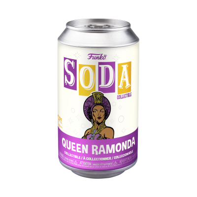 Lata Funko Soda Queen Ramonda branca com ilustração colorida e faixa roxa com texto