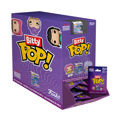 Embalagem roxa de figuras colecionáveis Bitty Pop! com personagens de KPOP Demon Hunters