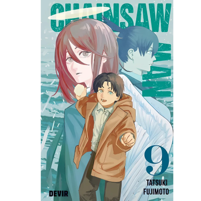 Capa do volume 9 do manga Chainsaw Man com três personagens em destaque