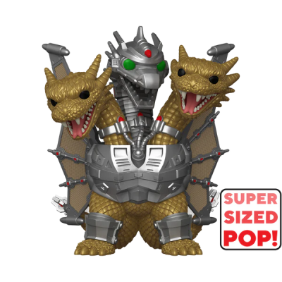 Figura colecionável de monstro dragão robótico com duas cabeças douradas e armadura metálica.