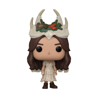 Figura Funko Pop de mulher com vestido branco e coroa de ossos decorada