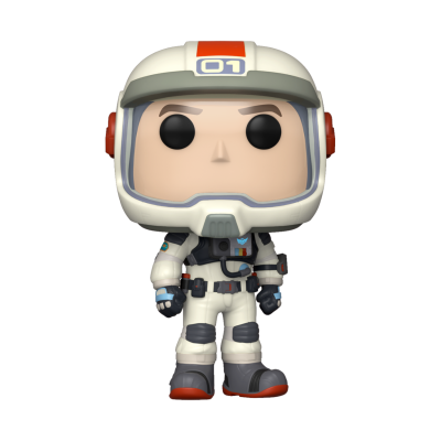Figura colecionável tipo Pop Funko com fato espacial e capacete branco e laranja
