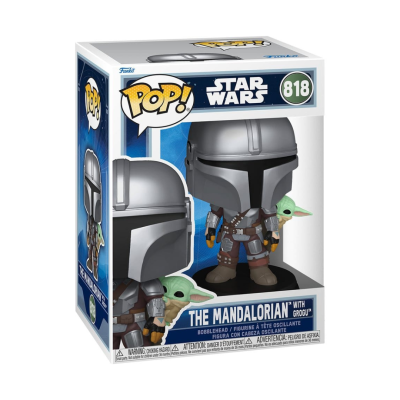 Funko Pop! The Mandalorian com Grogu, Star Wars, embalagem azul e branca com número 818
