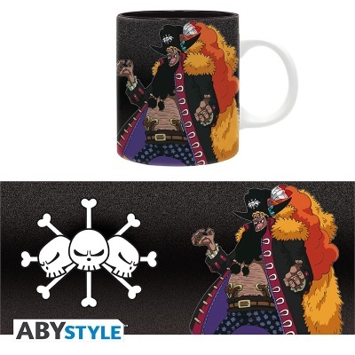 Caneca preta com ilustração colorida de personagem e símbolo de caveiras branca