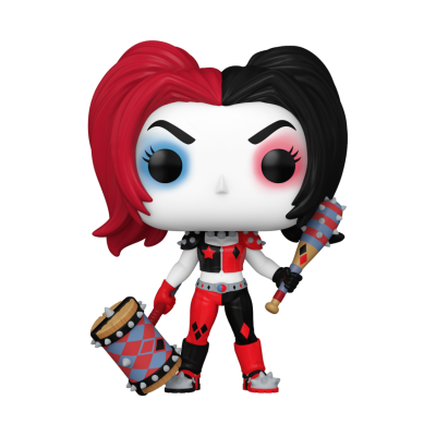 Figura Funko Pop Harley Quinn cabelo vermelho e preto com martelo e taco de basebol