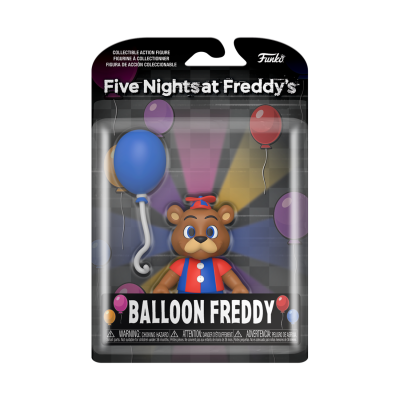 Figura colecionável Balloon Freddy na embalagem de Five Nights at Freddy's com balões coloridos