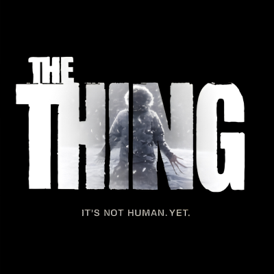 Logotipo do filme THE THING com figura sombria e texto ITS NOT HUMAN. YET.