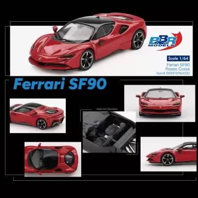 Miniatura Ferrari SF90 vermelha com teto preto em várias vistas