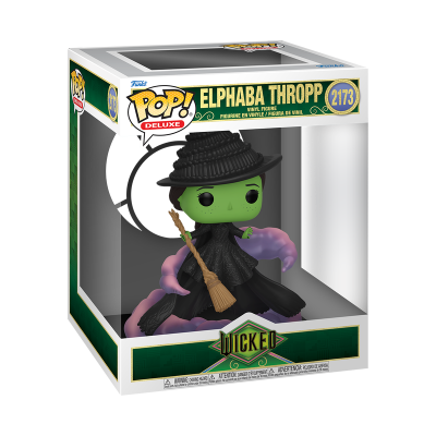 Funko Pop deluxe Elphaba Thropp com pele verde e roupa preta na caixa