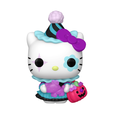 Figura colecionável Hello Kitty fantasiada de palhaço com abóbora de Halloween