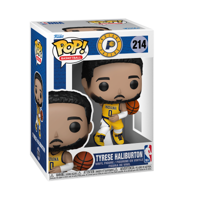 Boneco Funko Pop de Tyrese Haliburton com uniforme da Indiana Pacers e bola de basquete na embalagem