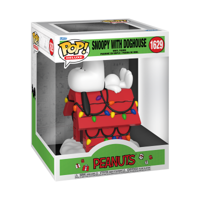 Figura Funko Pop Deluxe Snoopy com casota vermelha e luzes coloridas na embalagem