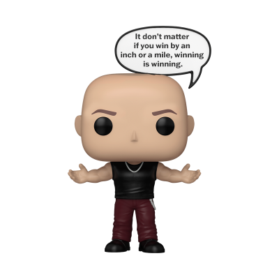 Figura Funko Pop careca com roupa preta e bordô, balão de fala com texto em inglês