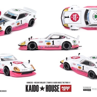 Miniatura de carro de corrida Nissan branco e rosa com vários ângulos
