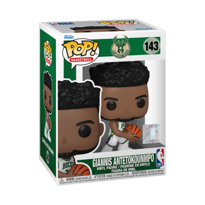 Figura Funko Pop de Giannis Antetokounmpo com bola de basquetebol em caixa verde e branca.