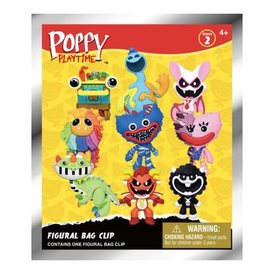Embalagem do brinquedo Poppy Playtime Série 2 com figuras coloridas e aviso de segurança