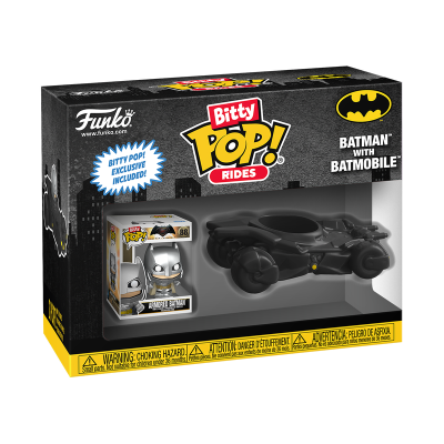 Embalagem do brinquedo Funko Bitty Pop! Rides com boneco Batman e Batmobile preto e cinza