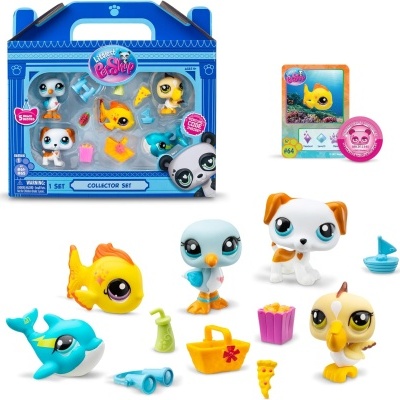 Conjunto de brinquedos PET SHOP com figuras de animais e acessórios em embalagem azul
