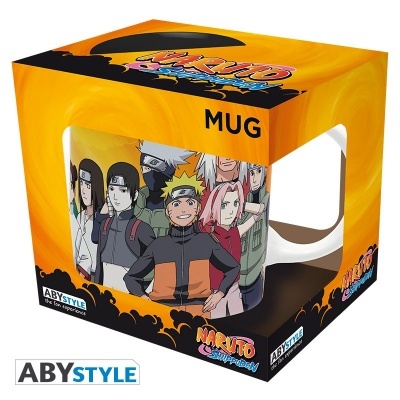 Embalagem de caneca Naruto com personagens e texto