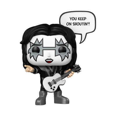 Figura Funko Pop de músico com maquilhagem preta e branca, guitarra branca e texto YOU KEEP ON SHOUTIN!'