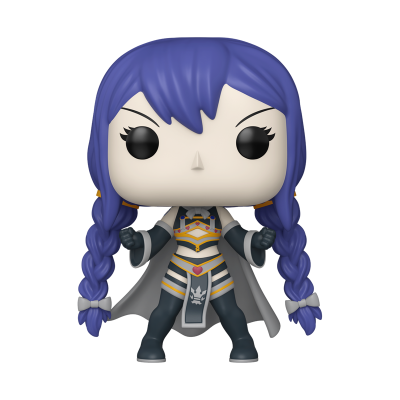 Figura Funko Pop com cabelo roxo trançado, roupa detalhada e capa cinzenta
