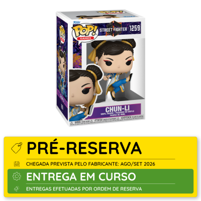 Figura Funko Pop! Chun-Li Street Fighter na caixa com aviso de pré-reserva e entrega