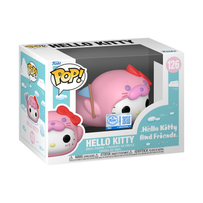 Figura Funko Pop! Hello Kitty número 126 em roupa rosa de foca em caixa transparente azul
