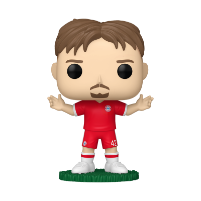 Funko Pop de jogador de futebol com uniforme vermelho e número 42 em base verde