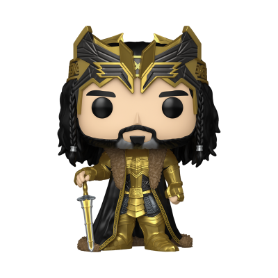 Figura Funko Pop de personagem masculino com coroa dourada e armadura}